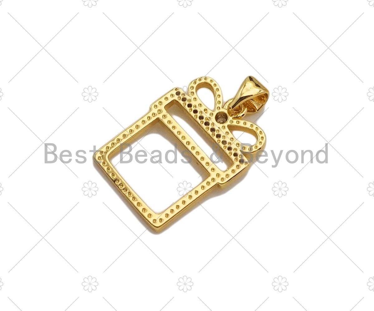 CZ Micro Pave 18k Gold Color Gift Box Shape Pendant, Cubic Zirconia Pendant, Christmas Charm, 20x15mm, Sku#LK206
