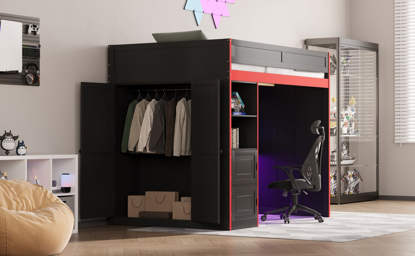 Gaming Loft Bed with Desk and Storage, LED Lights, Full