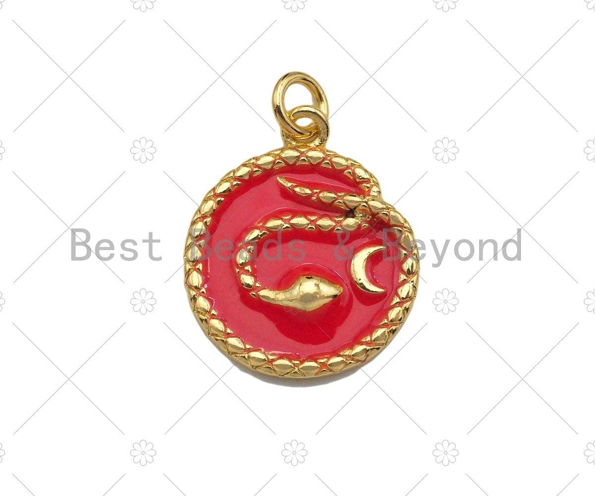 Enamel Snake on Round Coin Pendant,Enamel Snake Pendant,Enamel Pendant,Enamel Jewelry,17x20mm, Sku#L449