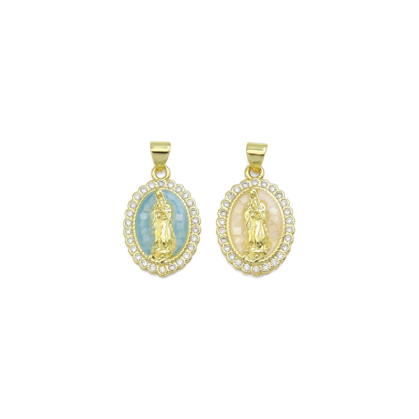 Blue White Oval Shape Mother of Pearl Mary Charm, Sku#LX504