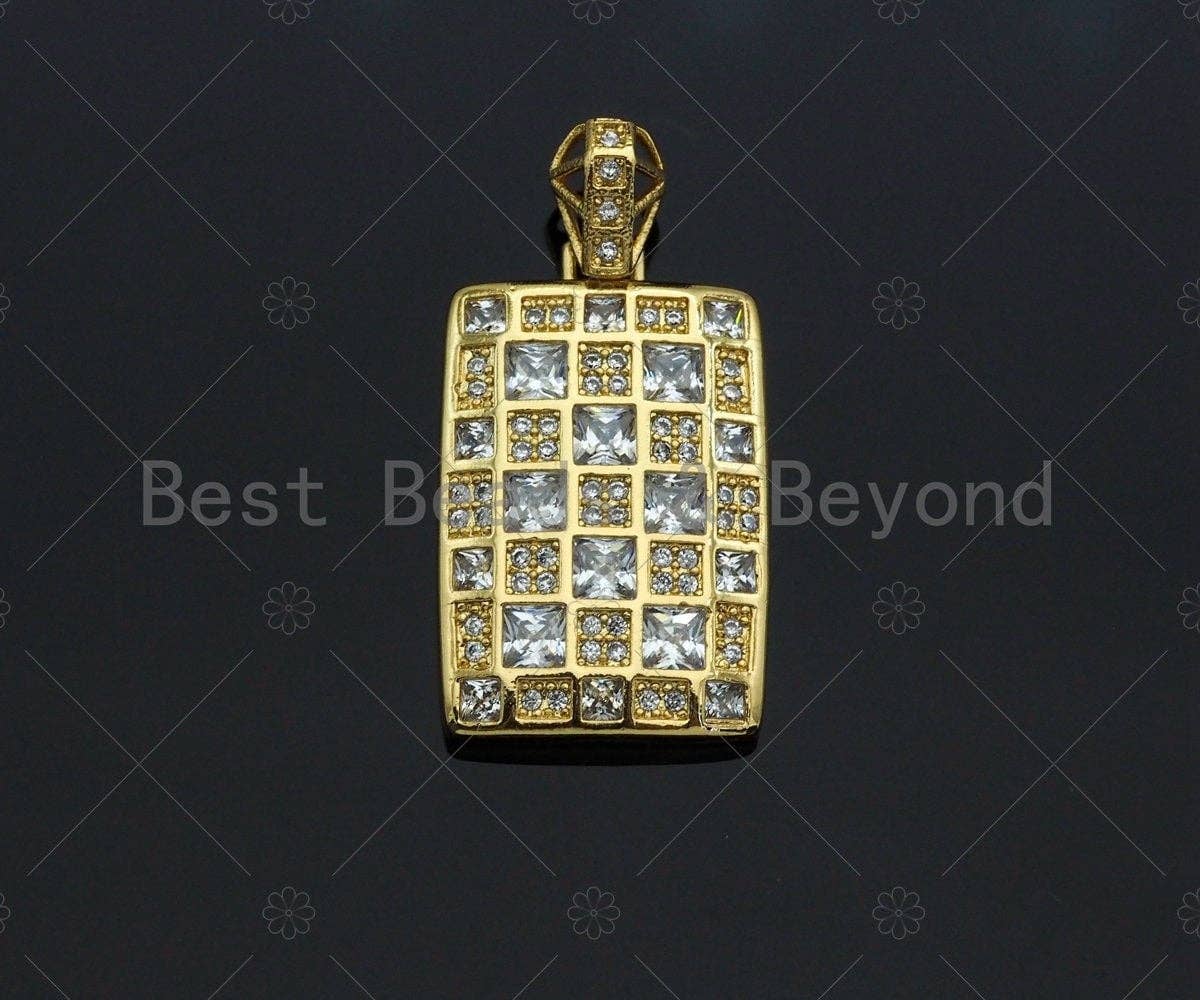 CZ Micro Pave Rectangle Mosaic lattice Charm/Pendant, Gold Dog Tag Charm, Pave Pendant, Gold plated charm, 15x24mm, Sku#LK126