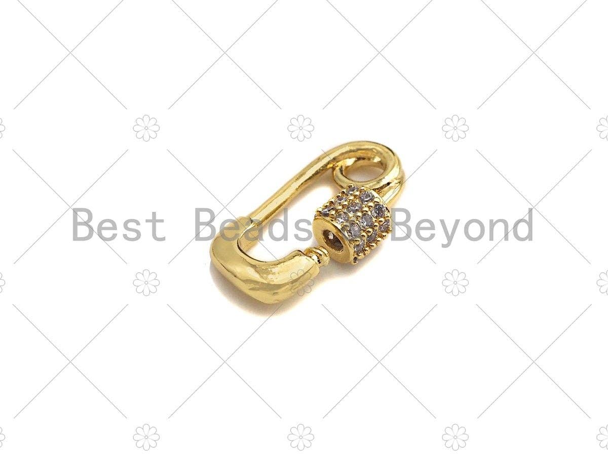 Small 18K Gold Clear CZ Micro pave Safety Pin Shape Clasp, Carabiner Clasp Safety pin, Paper clip Chain connector clasp, 8x14mm, sku#LK12