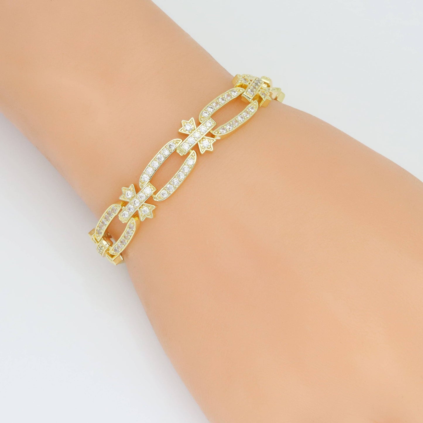 CZ Oval Flower Rectangle Link Gold Silver Bracelet, Sku#A347