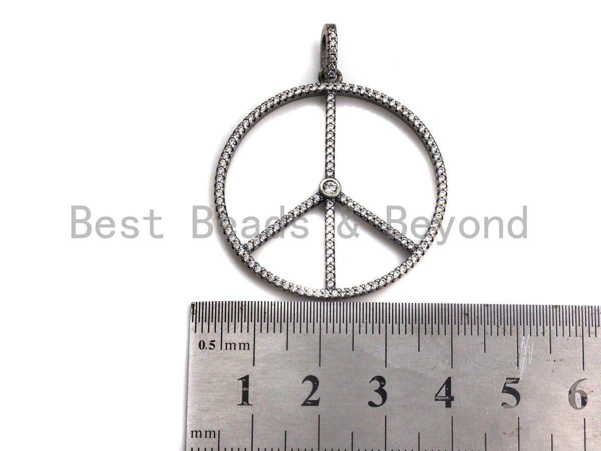CZ Micro Pave Peace Sign Shape Pendant, Antique Silver Tone, Cubic Zirconia Pave Pendant, 36x39mm,sku#X130