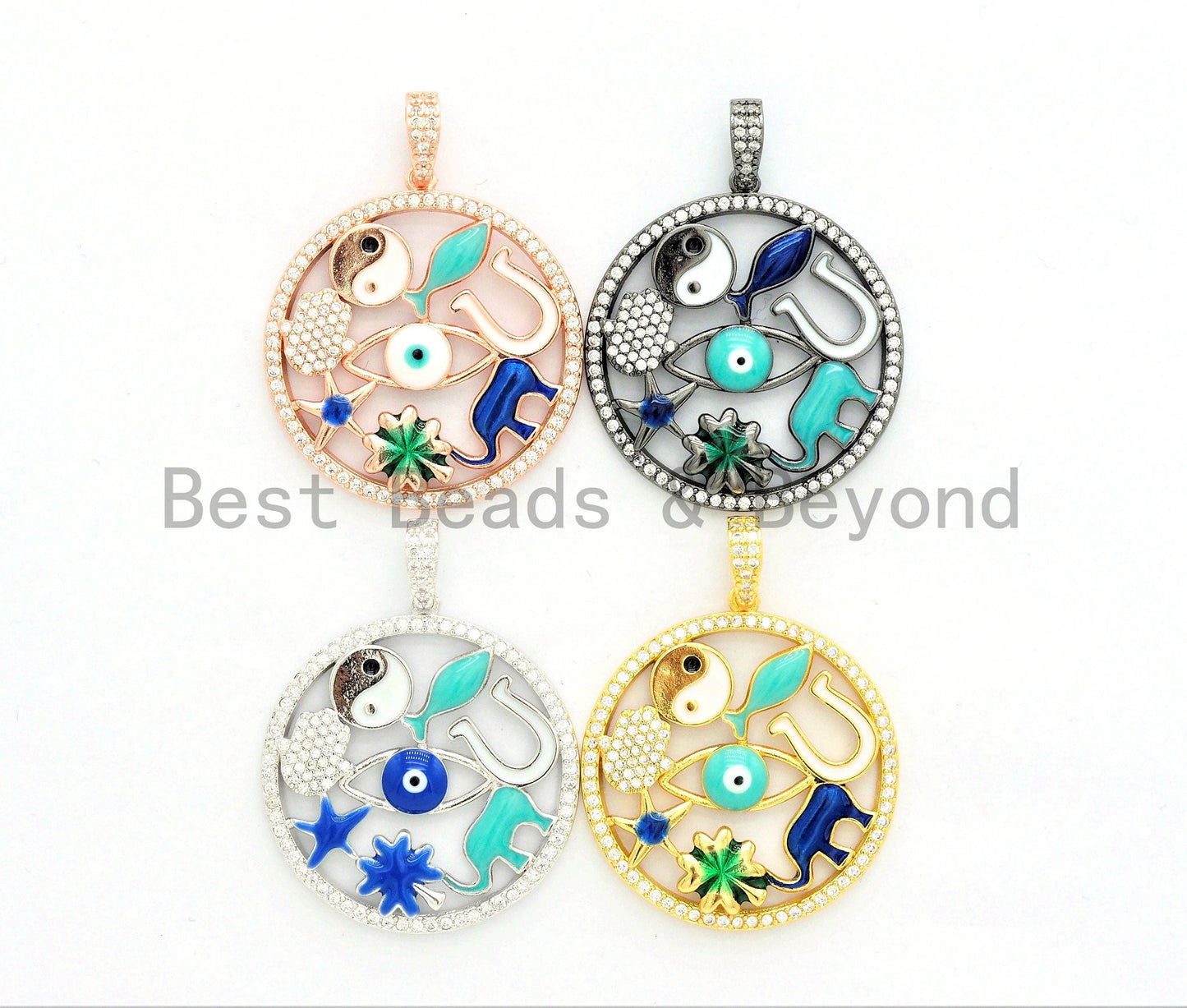 LARGE Enamel Round Artisan Pendant,Clear CZ Micro Pave Oil Drop Round Protection pendant,Enamel pendant,Enamel Jewelry,32x34mm,sku#F594