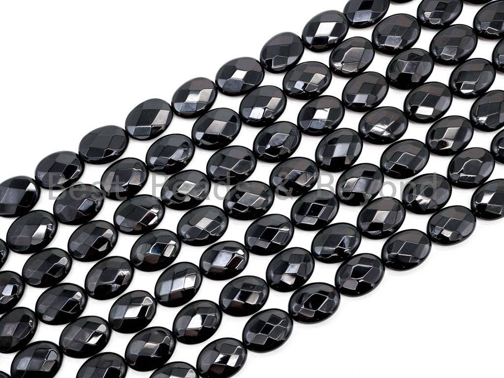 Quality Faceted Oval Black Onyx Beads Natural Stones, Gemstones Beads, Black Loose Beads, Oval Beads, 15.5" Full Strand, SKU#Q14