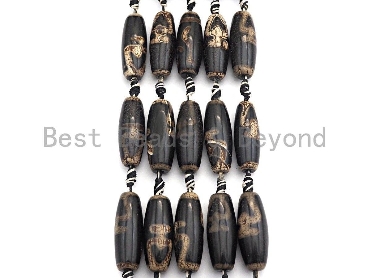 1pc/10pcs Natural Tibetan Agate Beads, Black with White heart Tibetan Long Oval Shape Beads, Dzi Agate Beads, 12x30mm, sku#U536