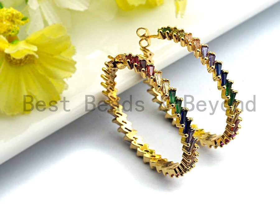 Colorful CZ Micro Pave Rainbow Large Hoop Earring, Gold Hoops earrings, Stud Earrings, Minimal earrings,4x40mm,sku#J127/LD456