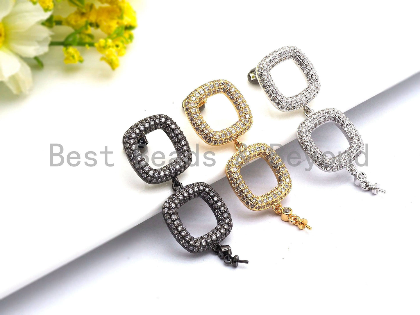 CZ Two Square Link Earring Component, Sku#J42