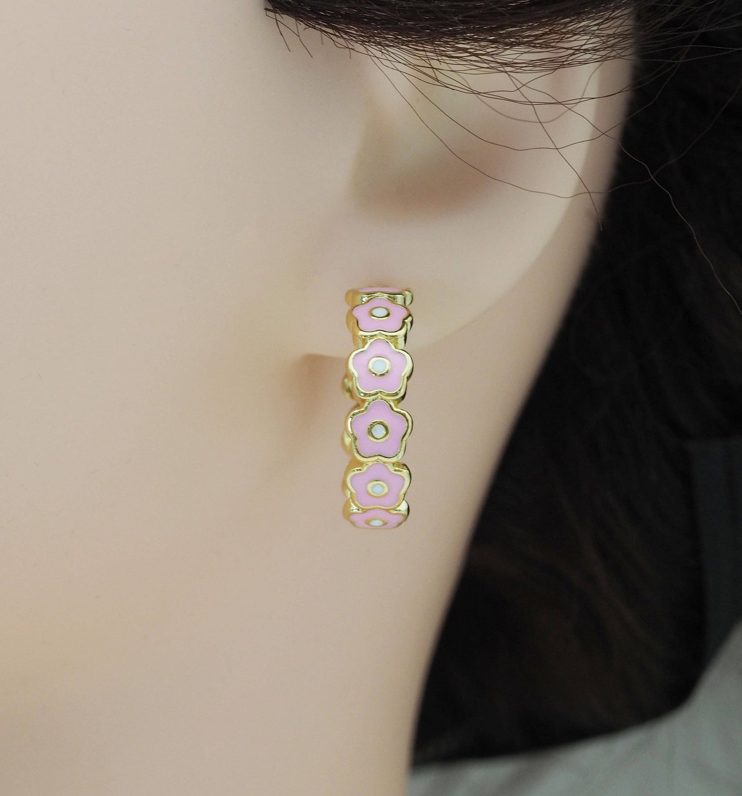 Colorful Enamel String Flower Hoop Earrings, Sku#J372