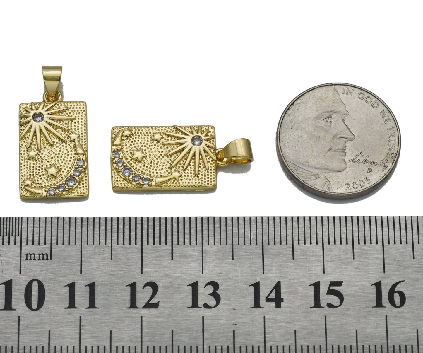 CZ Gold Sun Cresent Moon Star Rectangle Dog Tag Charm, Sku#LK762