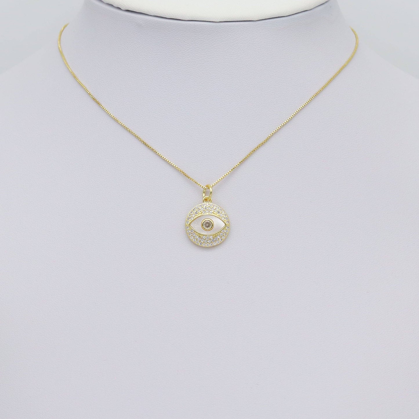 Gold Clear CZ Mother of Pearl Evil Eye Coin Shape Charm, Sku#LX462