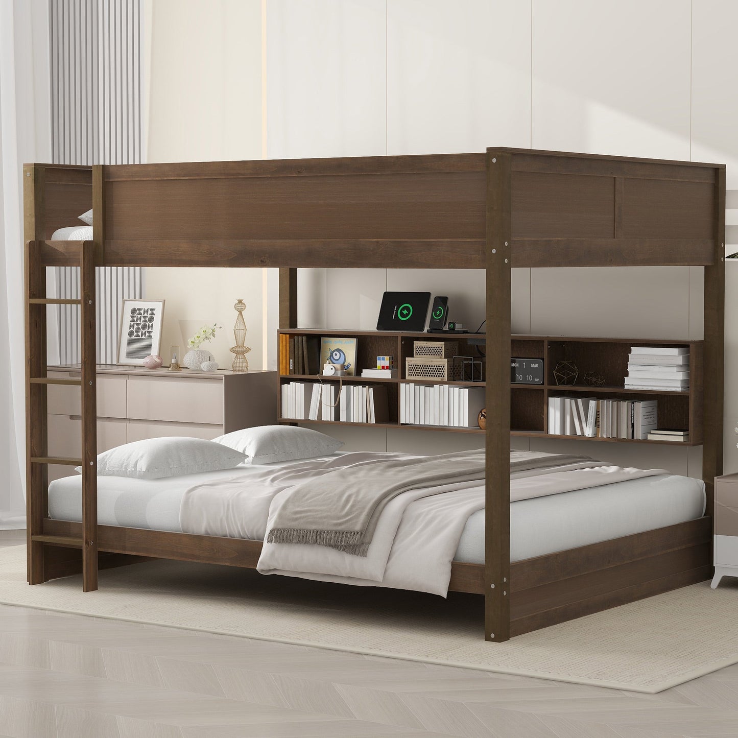 Queen over Queen Bunk Bed with Storage Cabinets and USB Ports