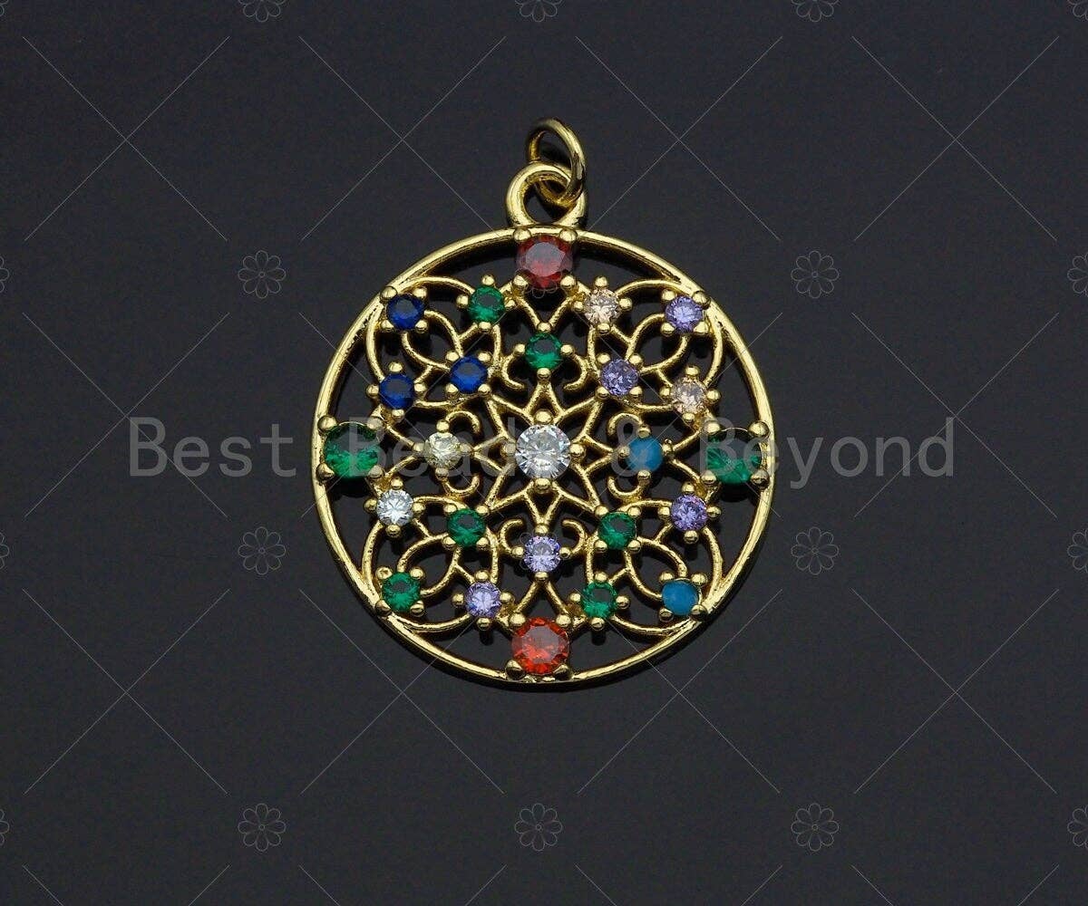 Gold Colorful Charms, Colorful Filigree Charms, Multi-Color Round Pendant, Gold Charm, Gold Pendant, Necklace Charms, 25x28mm, Sku#LK99