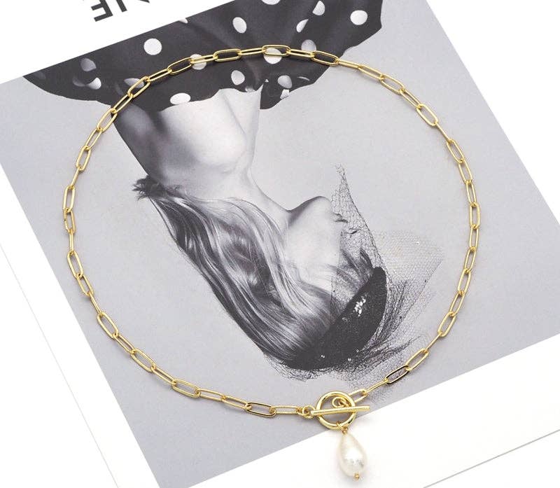 Dainty Paperclip Chain Pearl Pendant Necklace, Sku#EF213