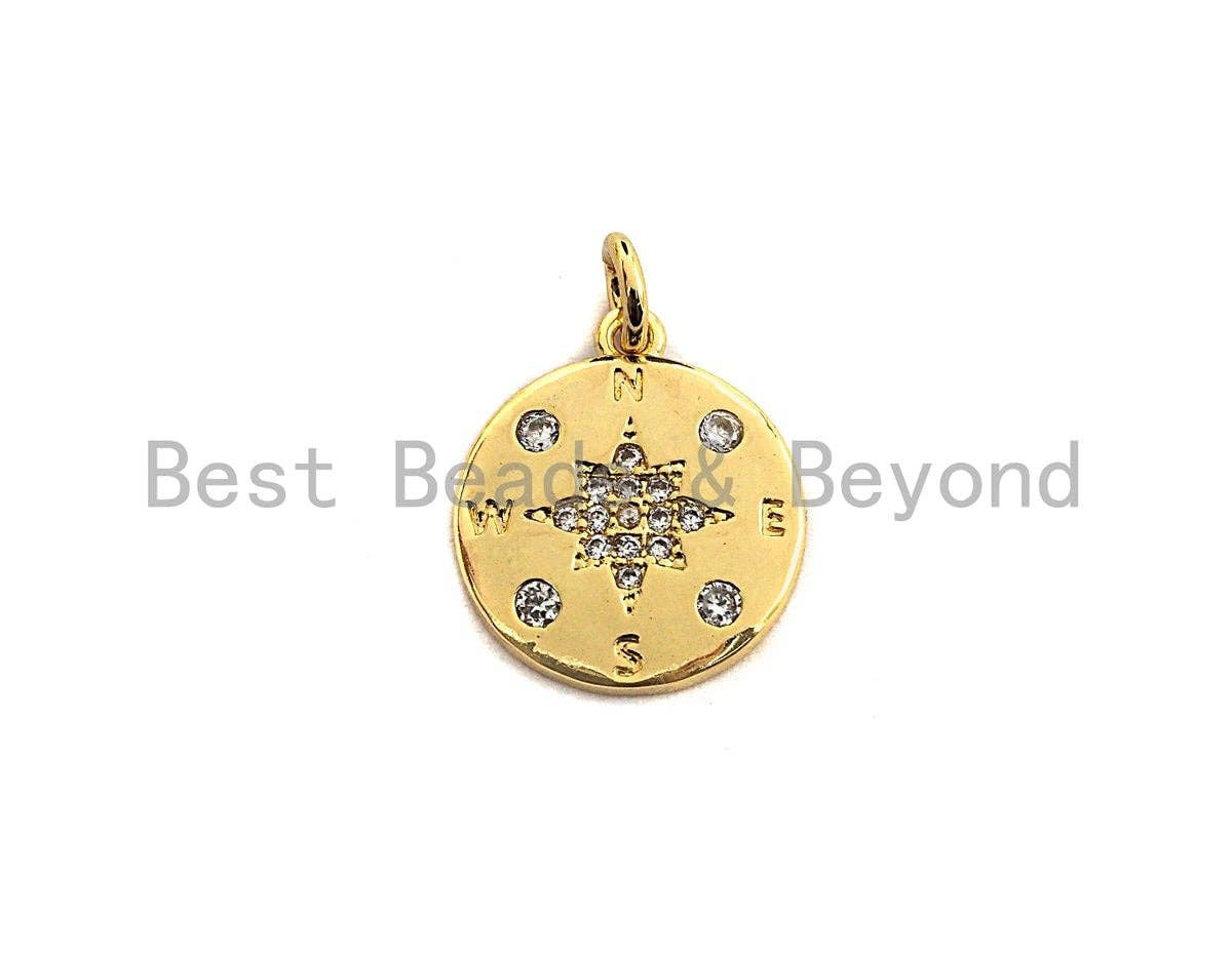 Clear CZ Micro Pave North Star Coin Pendant/Charm,Star Cubic Zirconia Pendant, Silver/Gold Tone,15x17mm,Sku#Z431