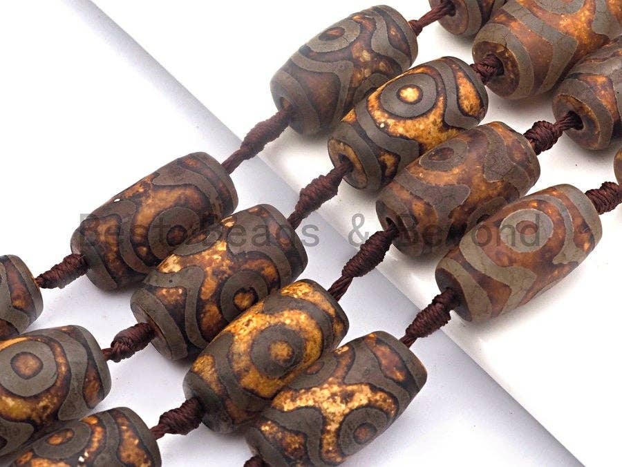 1pc/11pc Natural Etched Tibetan Agate Barrel Beads, Ancient Brown Dzi Drum Beads, Tibetan Dzi Beads, 15x25mm, sku#U512