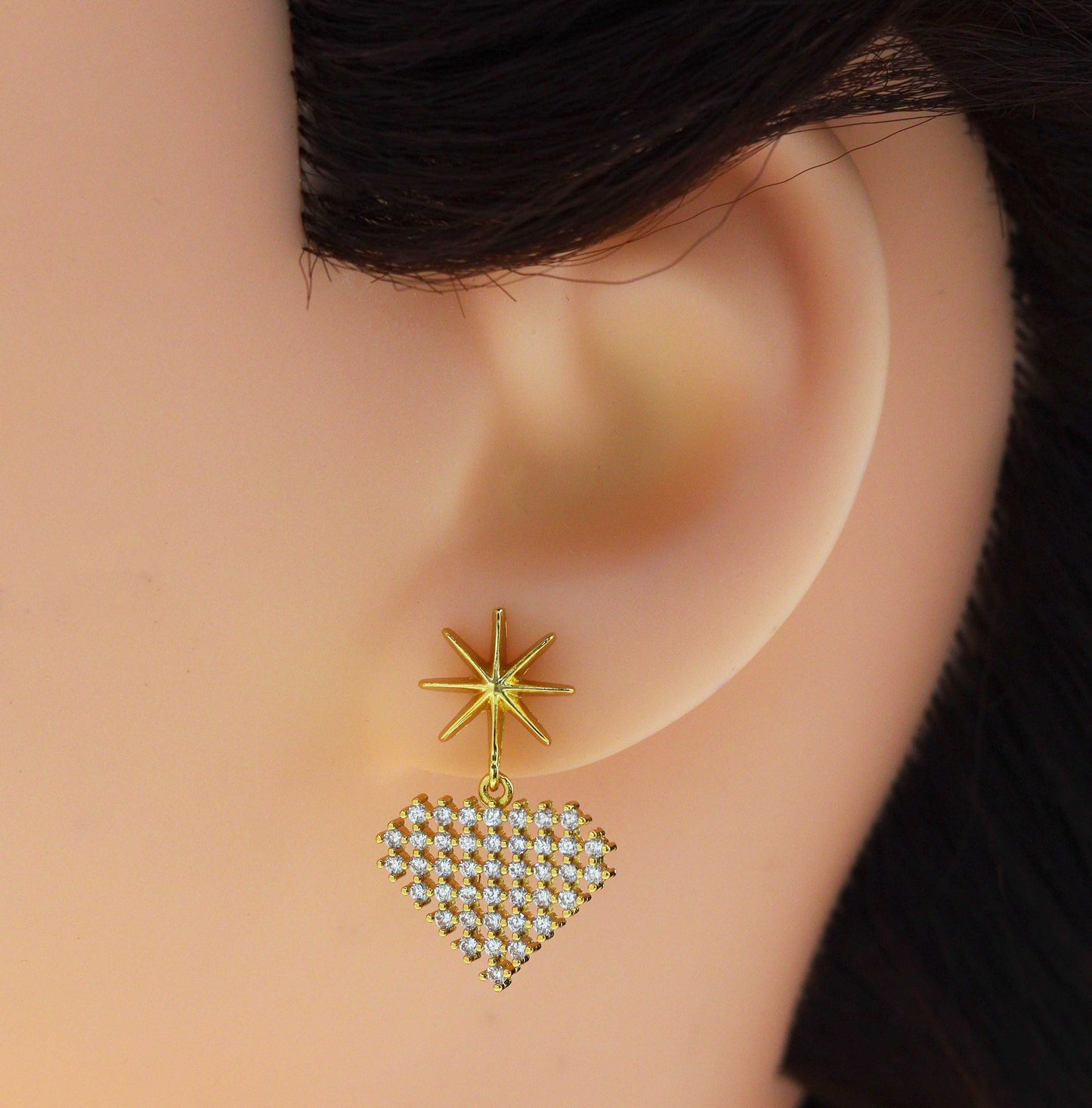 Pave Gold Heart Star Stud Everyday Earrings, Sku#Y695