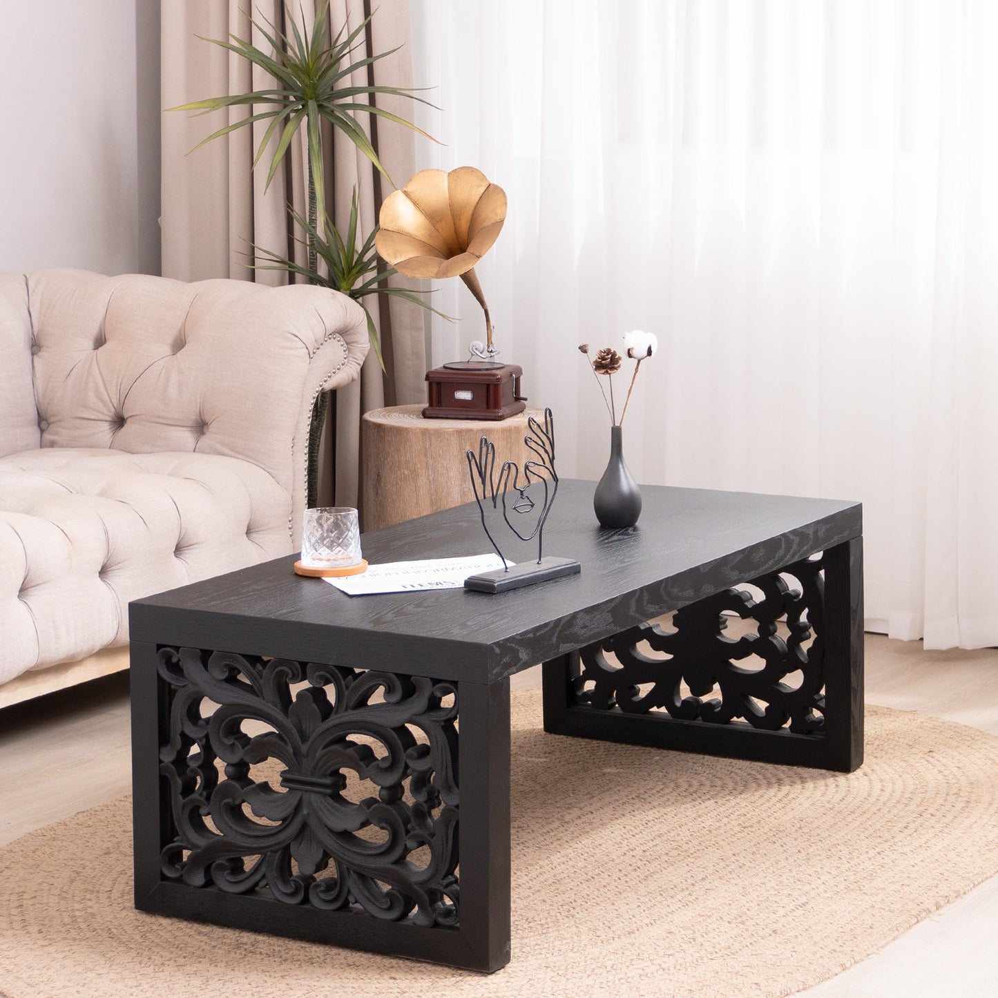 47.2" Solid Black Carved Wood Coffee Table