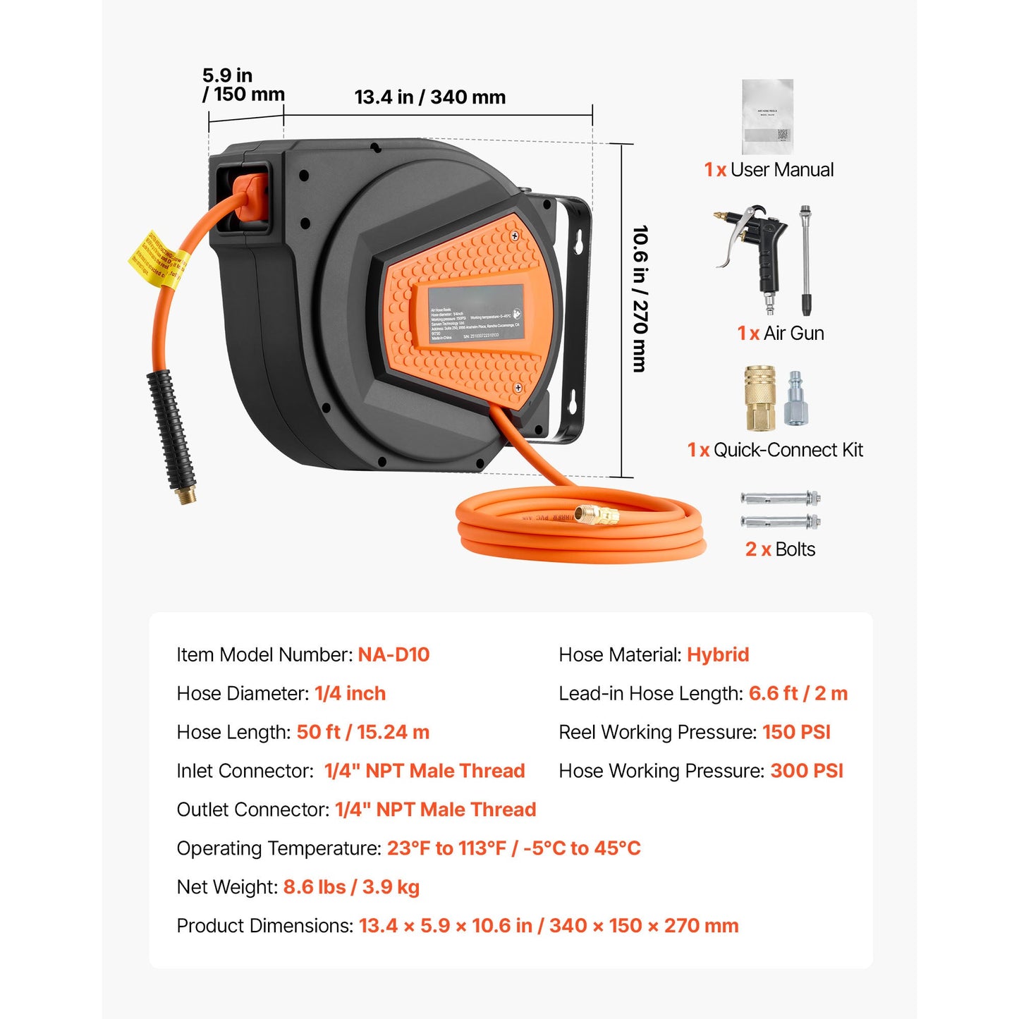 Retractable Air Hose Reel, 1/4 Inch x 50 FT