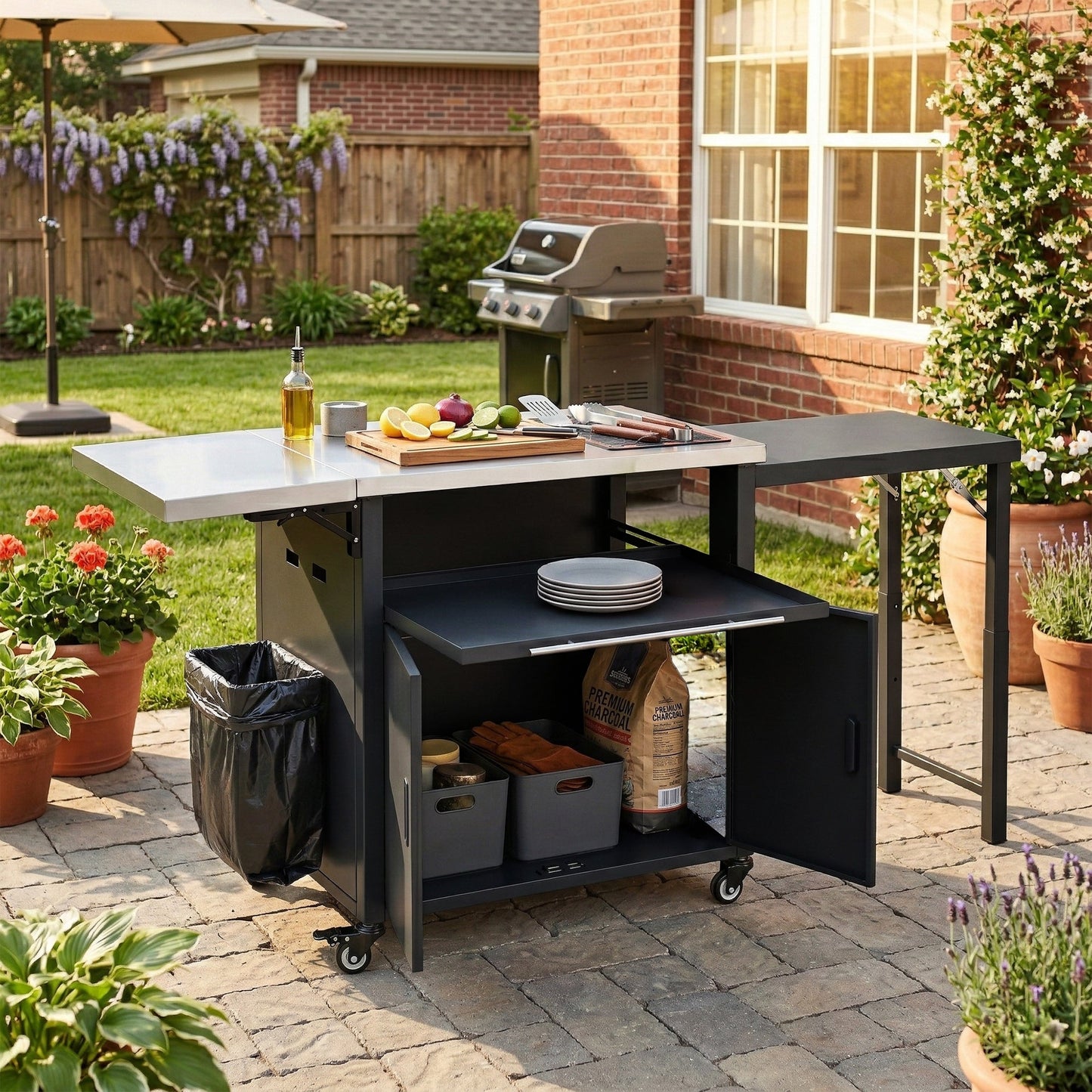 Foldable Outdoor Prep Station BBQ Cart