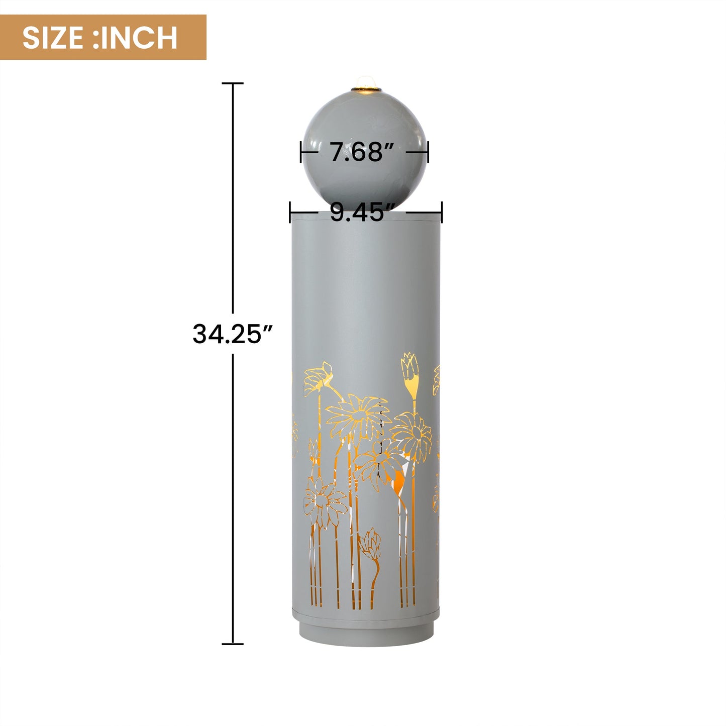 34.25"H Light Gray Metal Sphere-Top Fountain with LED Lights