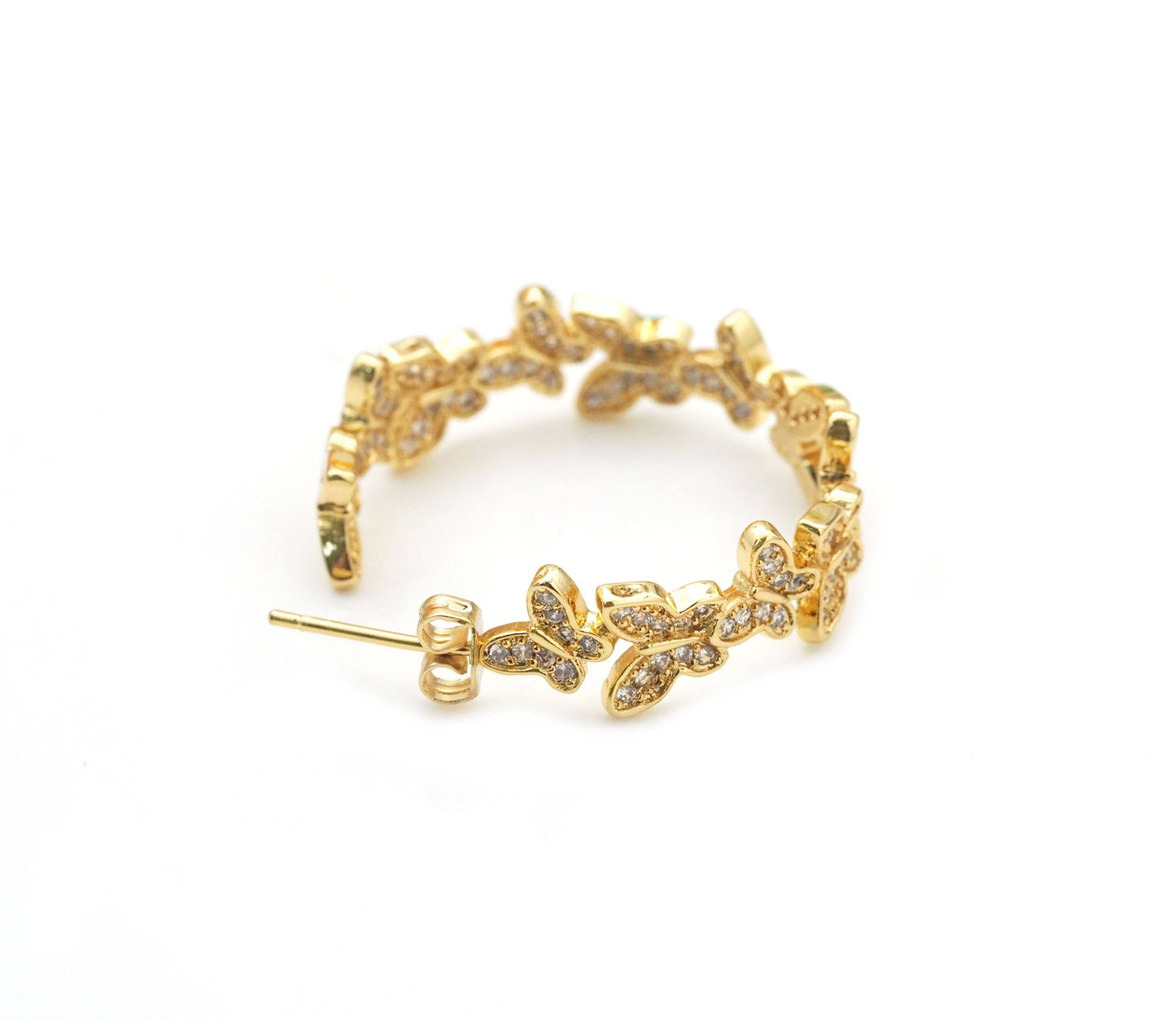 CZ Gold Butterfly Round Stud Earrings, Sku#J370