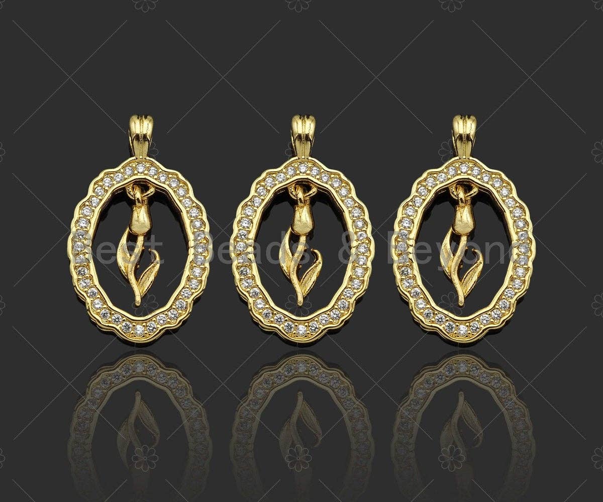 CZ Micro Pave Flower On Oval Shape Pendant/Charm,Cubic Zirconia Dangle Flower Charm, Necklace Bracelet Charm Pendant,15x24mm, Sku#LK270