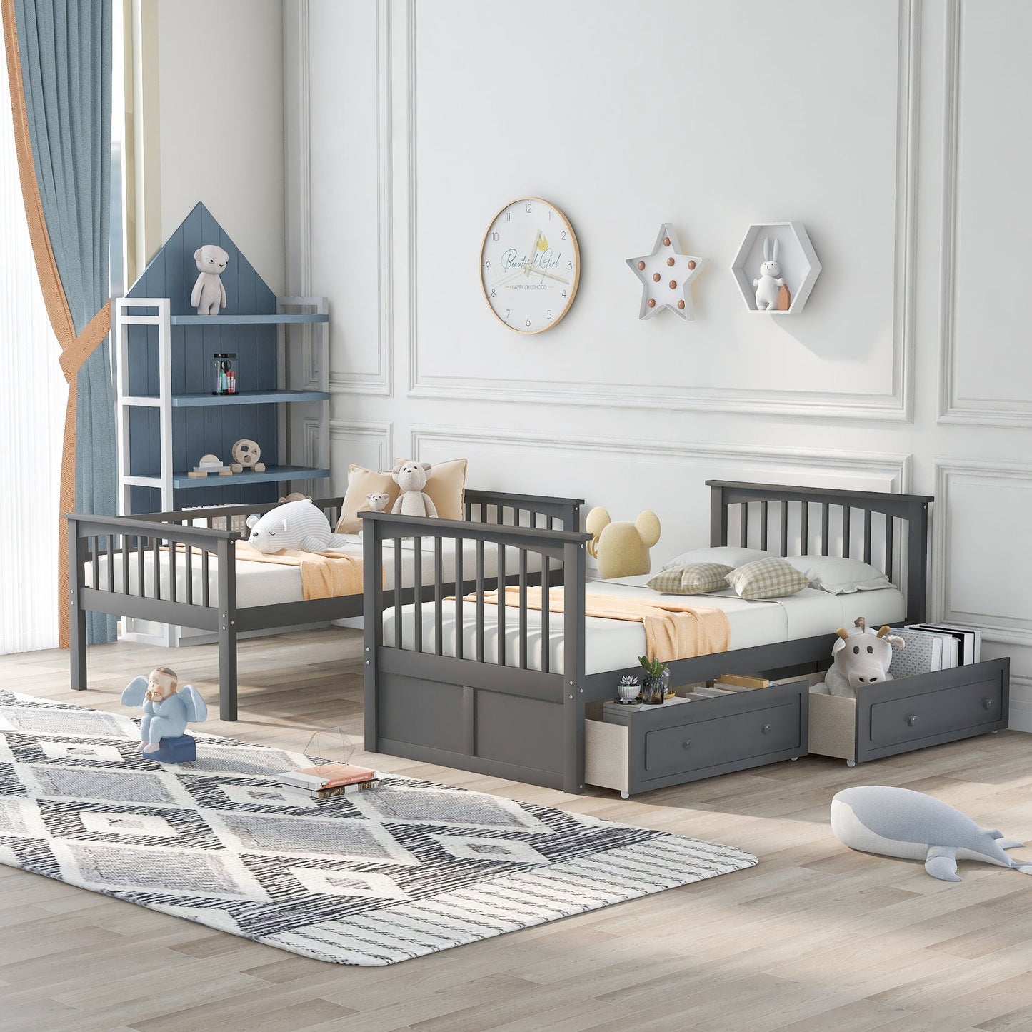 Mystrene - Twin Over Twin Bunk Bed With Drawers, Convertible Beds