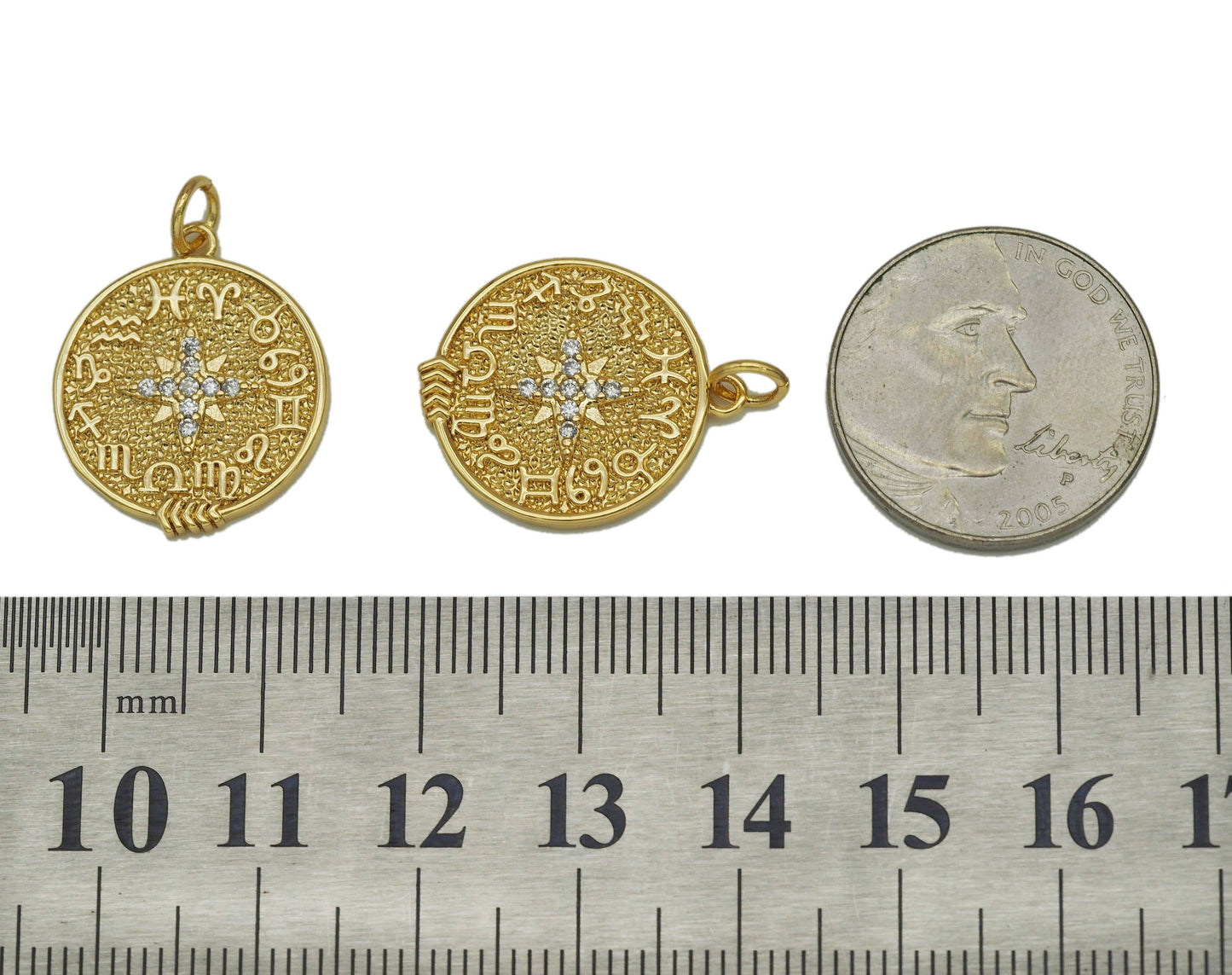 CZ North Star On Round Coin Charm, Sku#F1480
