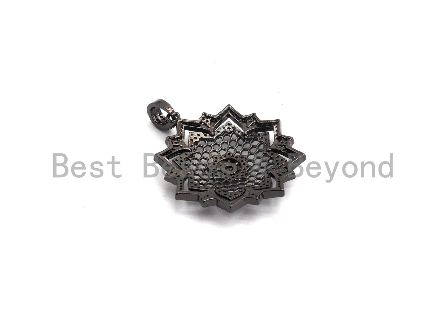 Large CZ Micro Pave Dual Color flower Star Burst Pendant, Cubic Zirconia Rose Gold/Silver/Black Focal Pendant, 36x39mm,sku#F634