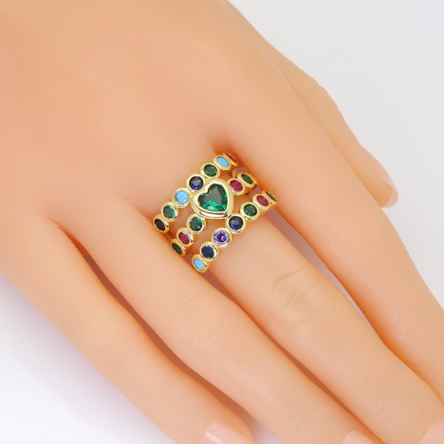 Colorful CZ Green Heart Multiline Gold Adjustable Ring, Sku#Z1480