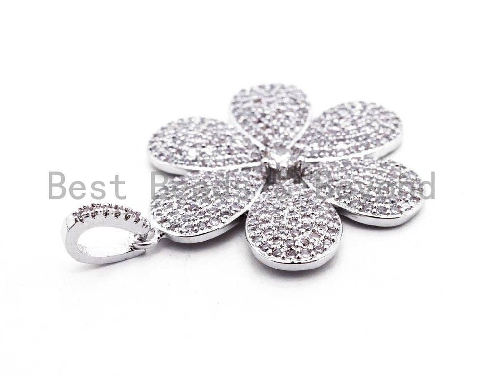 CZ Clear Micro Pave Flower Pendant, Flower Shaped Pave Pendant, Gold/Rose Gold/Silver/Gunmetal plated, 28x33mm, Sku#F409