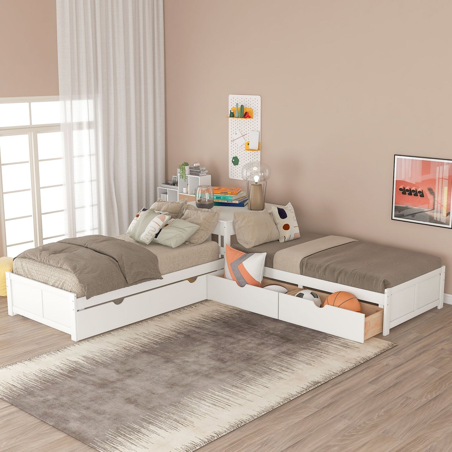 L-shaped Platform Bed with Trundle and Built-in Desk