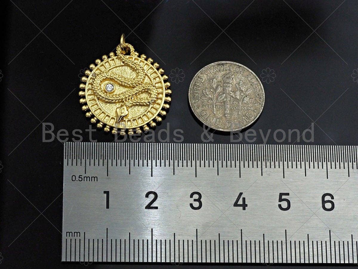CZ Micro Pave Embossment Snake On Round Coin Charm/Pendant,Emblem Shape Charm, Snake Pave Pendant, Gold plated charm, Sku#LK129