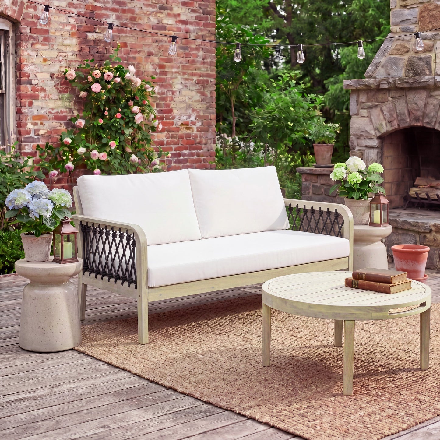 Outdoor Acacia Wood Loveseat & Coffee Table Set with Handwoven Rope