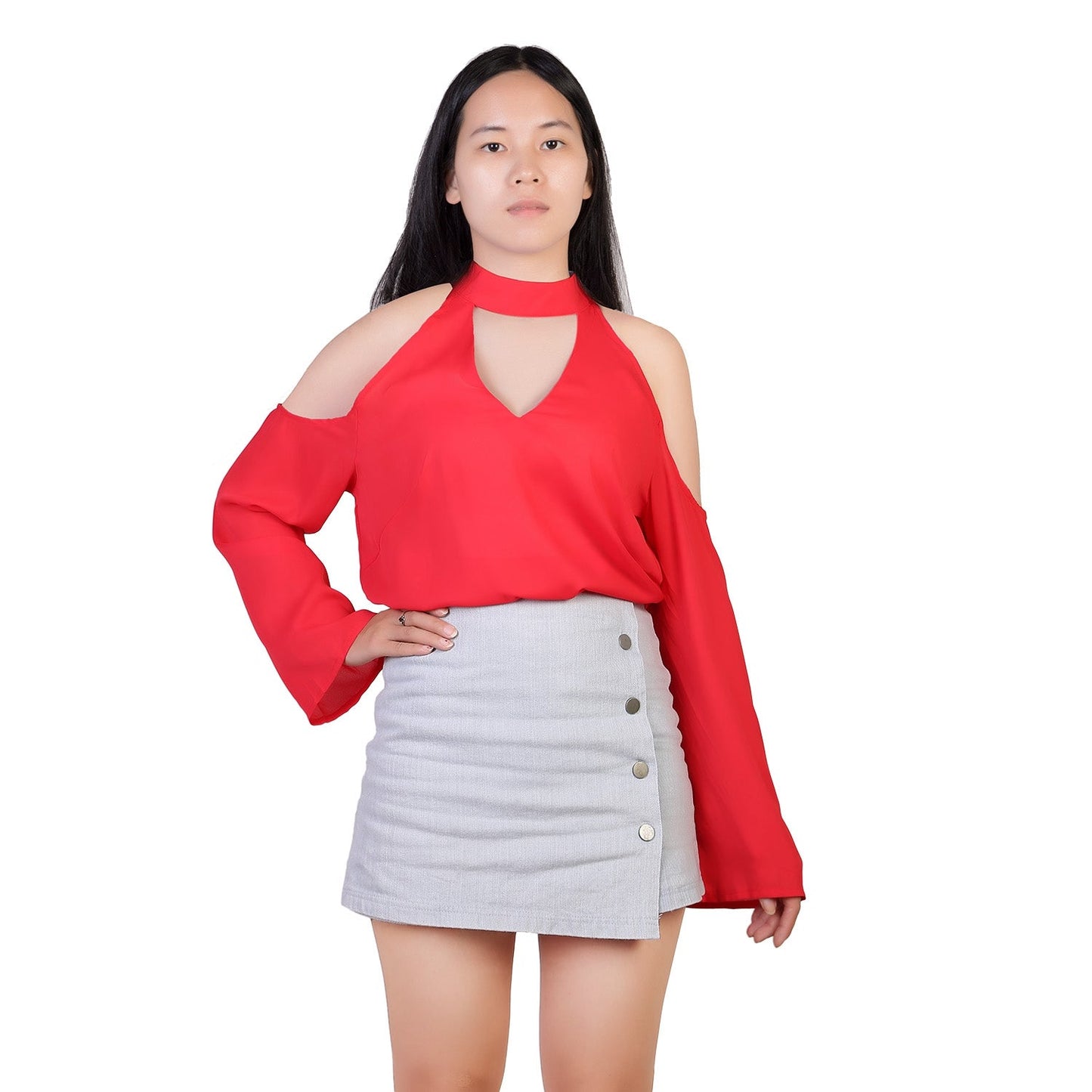 Off-the-Shoulder Blouse with V-Neck and Long Sleeves