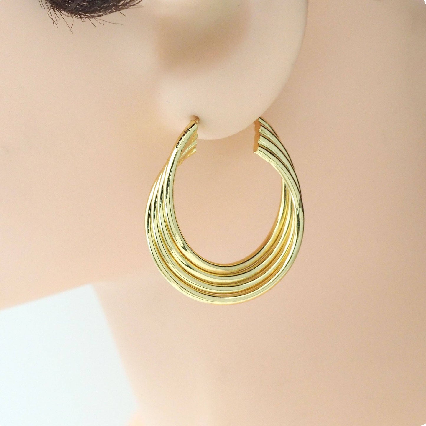 Gold Miltilines Geometry Hoop Earrings, Sku#LK816