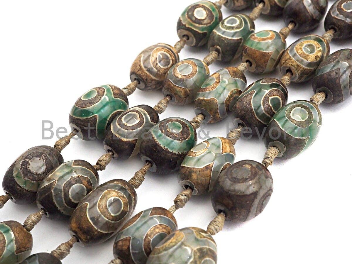 1pc/12pc Tibetan Barrel Agate Beads, Green Brown EYE Dzi Drum beads, Tibetan Eye Agate Beads, 15x20mm, sku#U530C