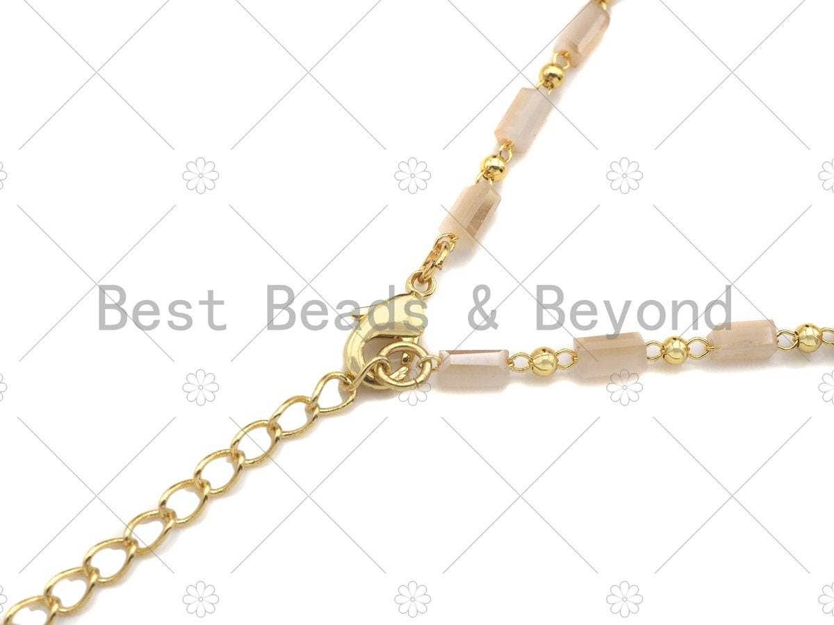 18" Beige Milky Cylinder Beads Gold Chain Necklace,EF02