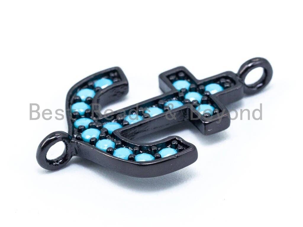 CZ Turquoise Micro Pave Anchor Connector, Blue CZ on Gold/Silver/Rose Gold/Gunmetal Bracelet Necklace Charm,14x23mm, sku#M100