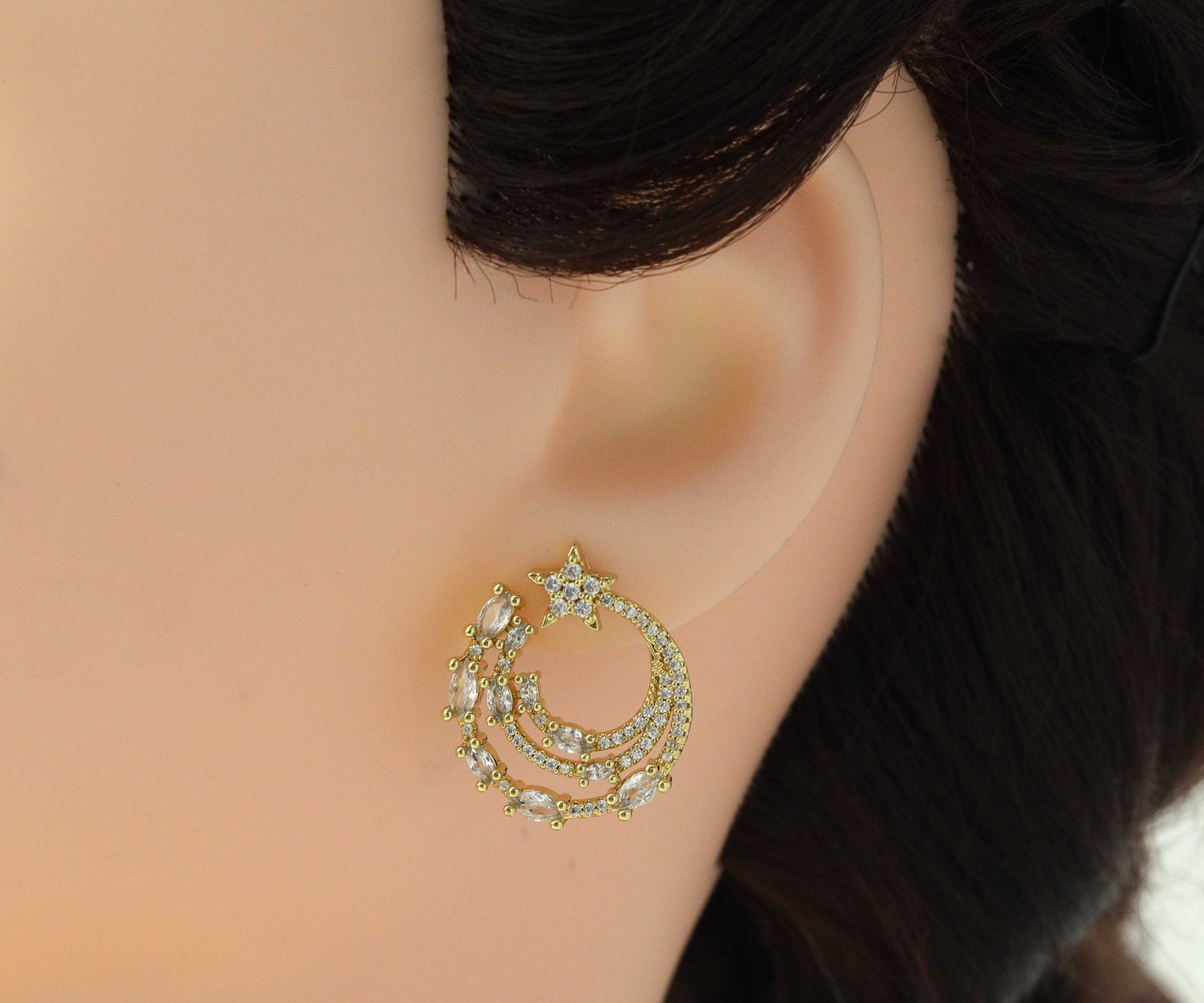 CZ Triple Round Ring with Star Latch Back Earrings, Sku#J356