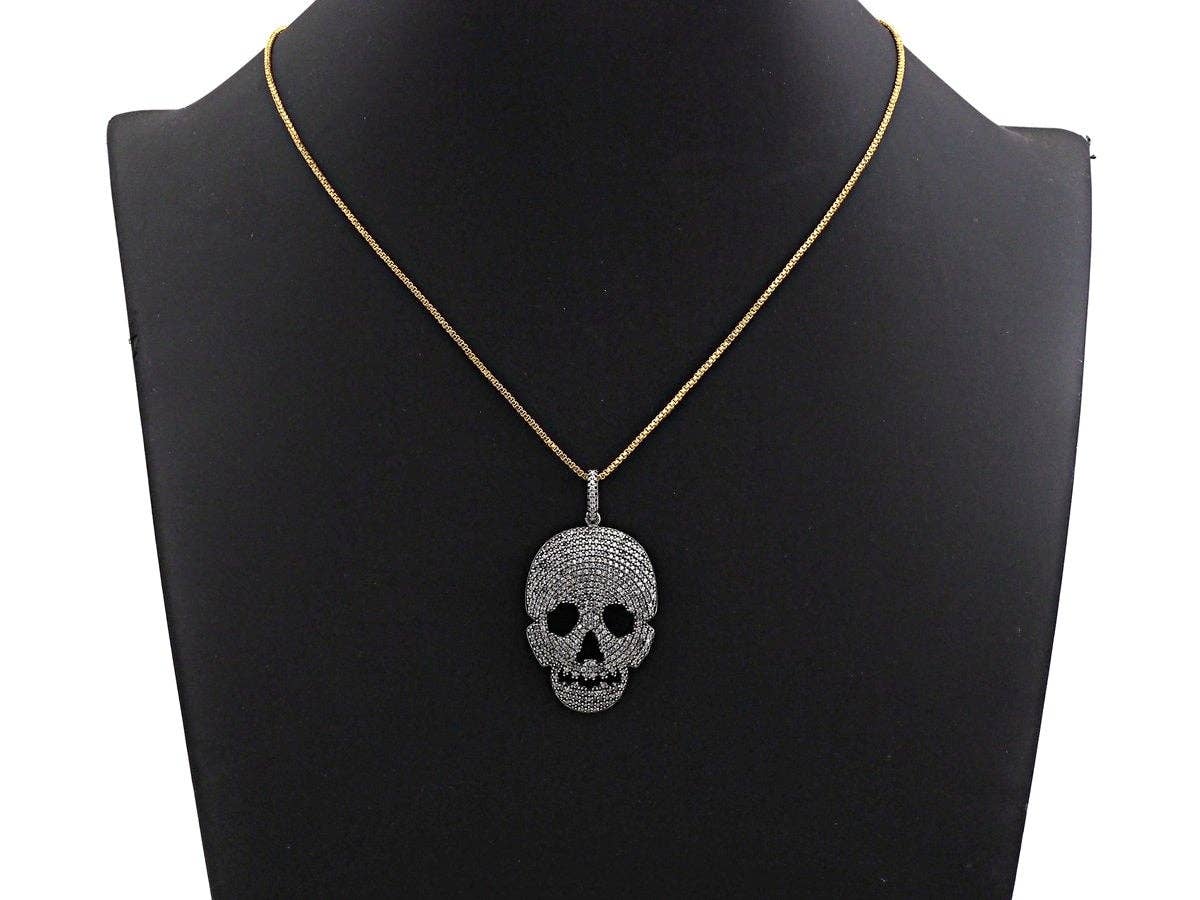 CZ Micro Pave Skull Pendant, Antique Finish Silver Tone, Clear Cubic Zirconia Big Pave Skull Charm Pendant,26x40mm, sku#F986