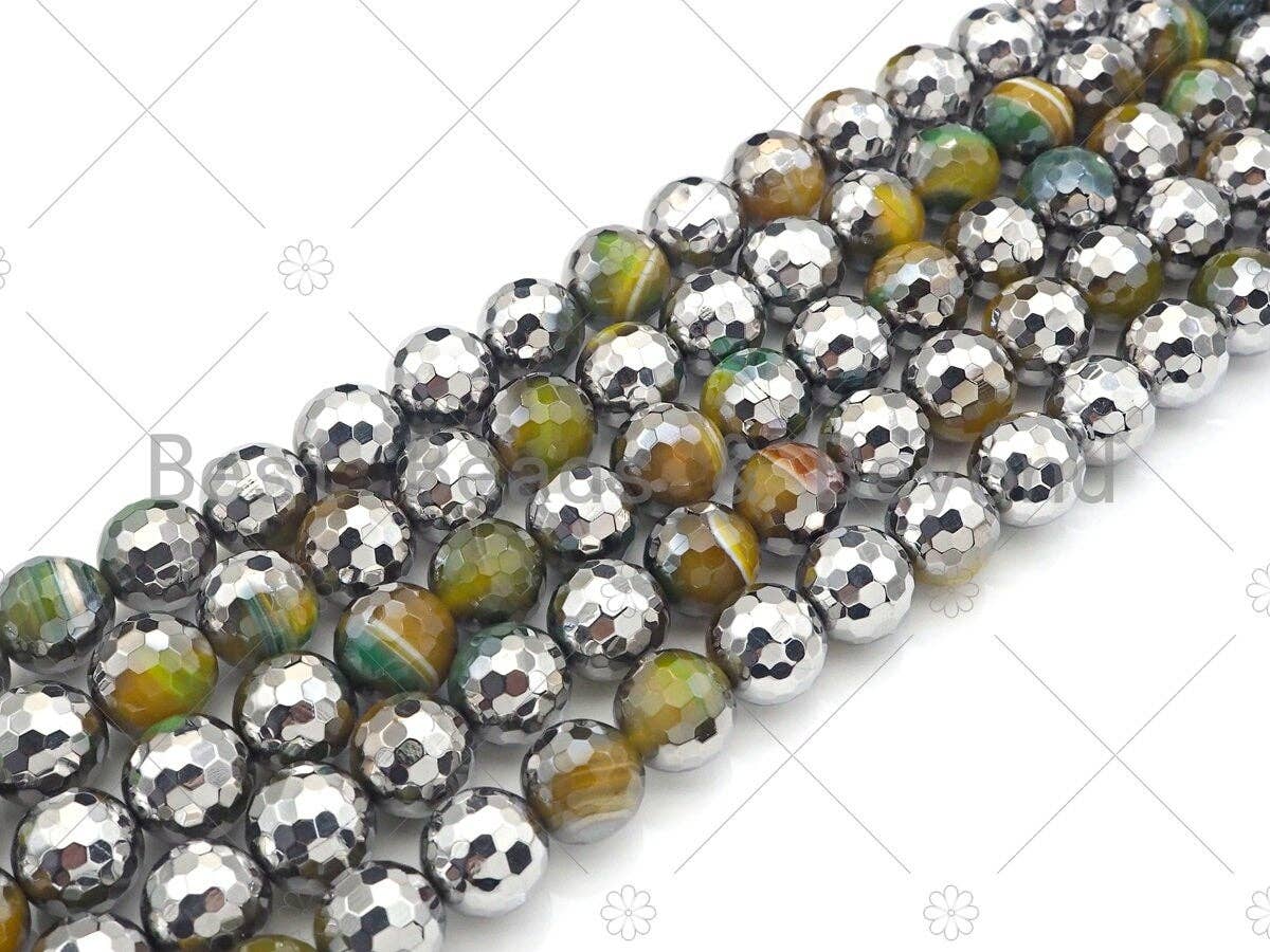 Half Silver Plated Natural Olive Green Agate Beads, 10mm/12mm Round Faceted Olive Agate Beads, 15.5 Full Strand, sku# UA127