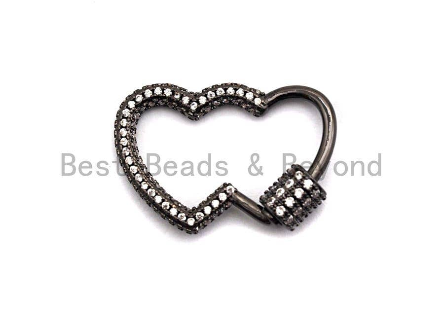 CZ Micro pave Double Heart with Cross Screw Clasp, CZ Pave Screw Lock, Gold/Silver/Rose Gold/Gunmetal Carabiner Clasp, 19x28mm, sku#H145