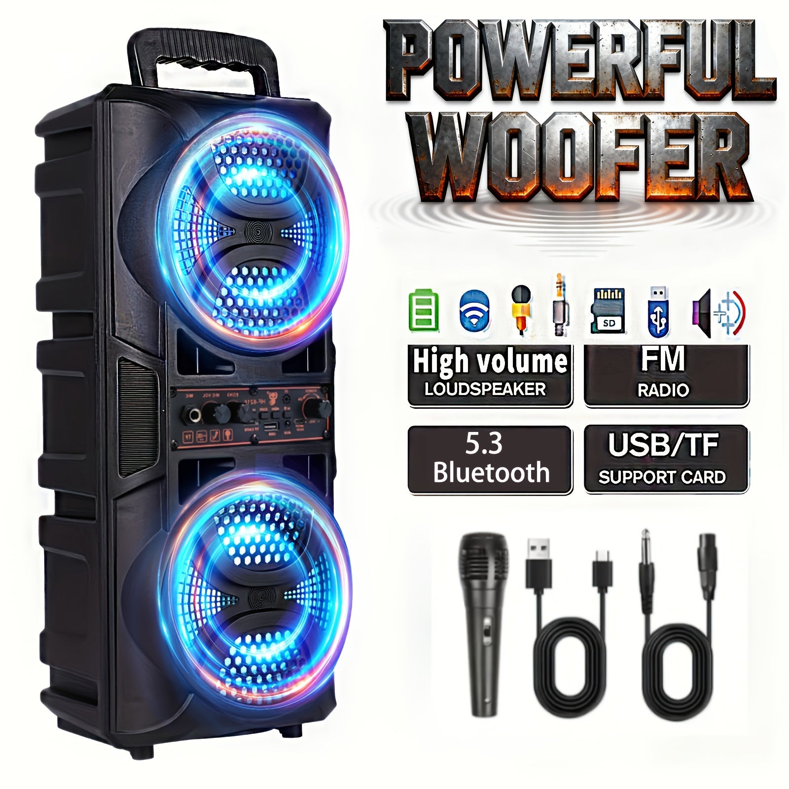 Enceinte Bluetooth portable avec basses subwoofer, double haut-parleur de graves LED 6,5" et microphone