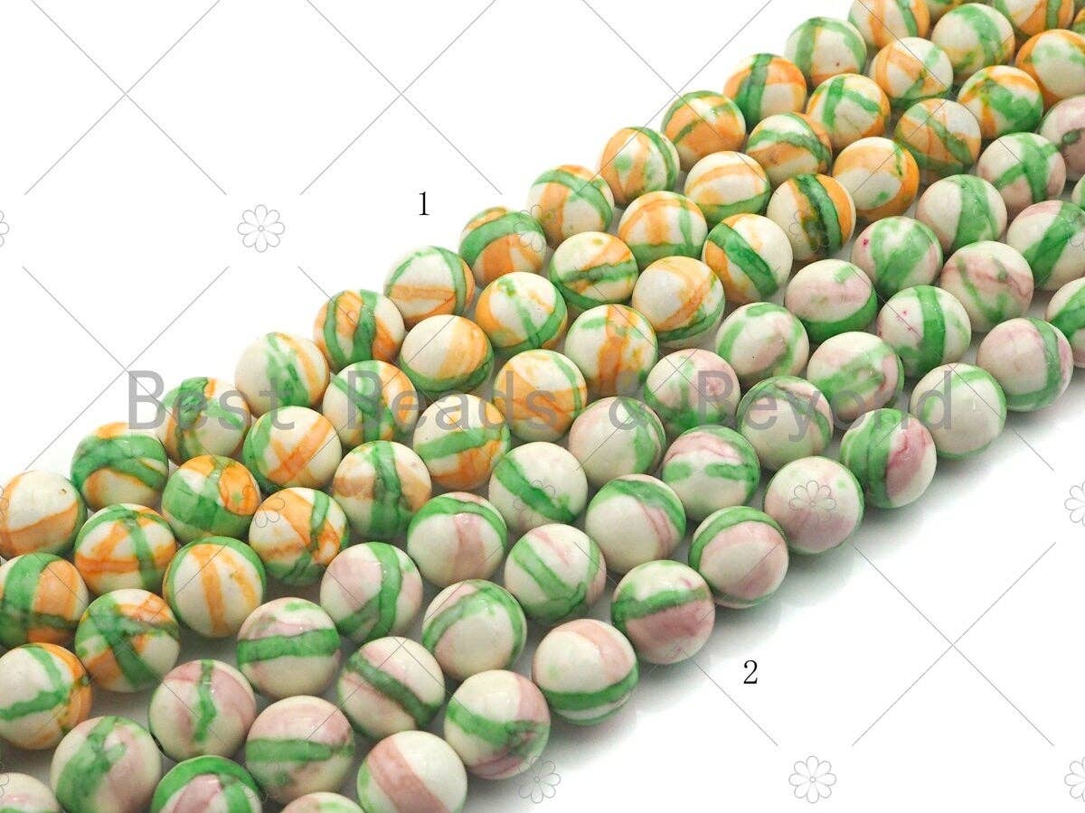 Yellow Green Pink Mottled Jade Beads, Round Smooth 8mm/10mm/12mm, Dyed Jade Gemstone Beads, 15.5" Full Strand, sku#UA105