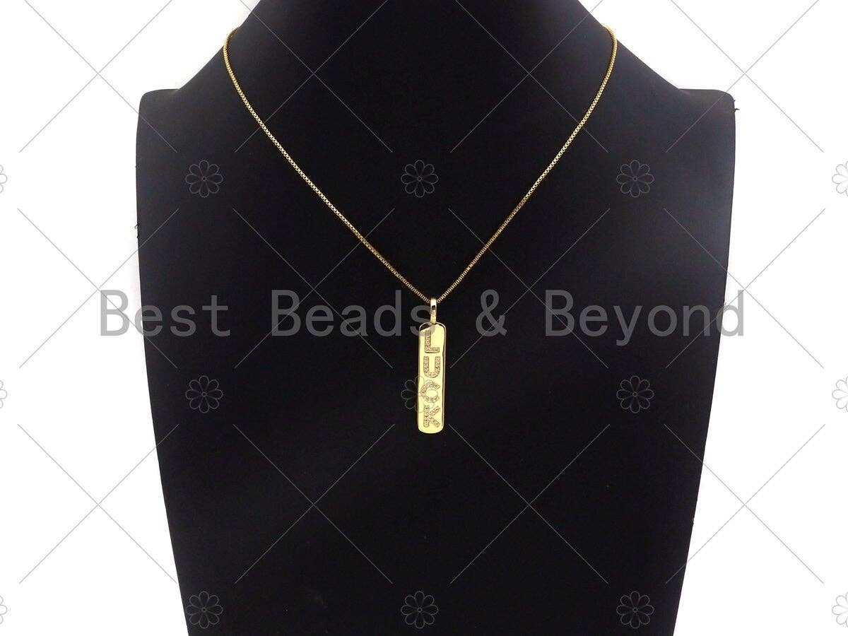 CZ Micro Pave Gold Bar LUCK Pendant, Cubic Zirconia Gold Strip Pendant, Micro pave Luck pendant, 9x43mm, sku#LK137