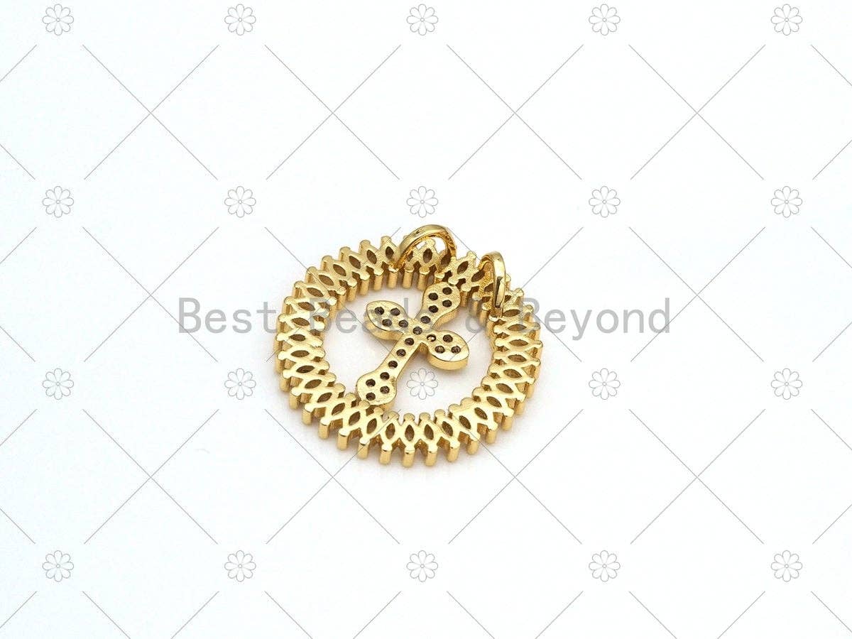 Baguette CZ Cross Coin Pendant,18K Gold Filled Cross Charm,Sku#LK461