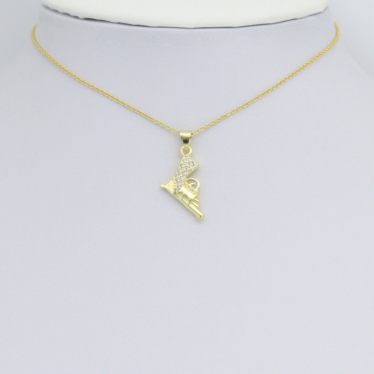 Clear CZ Gold Pistol Gun Charm Pendant, Sku#LK1205